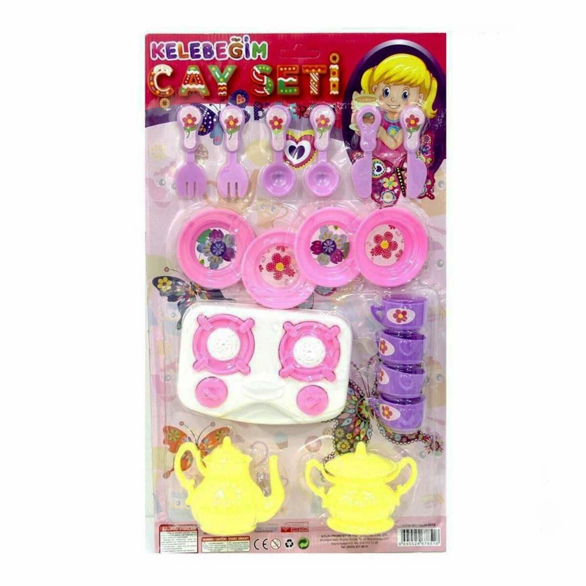 Oyuncak Kelebeğim Çay Seti 17 Parça | Kartelada Evcilik ve Mutfak Oyun Seti | Çocuklar İçin Eğitici Sosyal Oyun Takımı