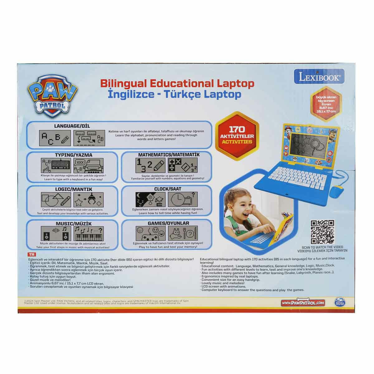 PAW Patrol İngilizce Türkçe Eğitici Laptop | 170 Aktiviteli Çocuk Bilgisayarı | Fare ve Klavyeli İnteraktif Öğrenme Seti