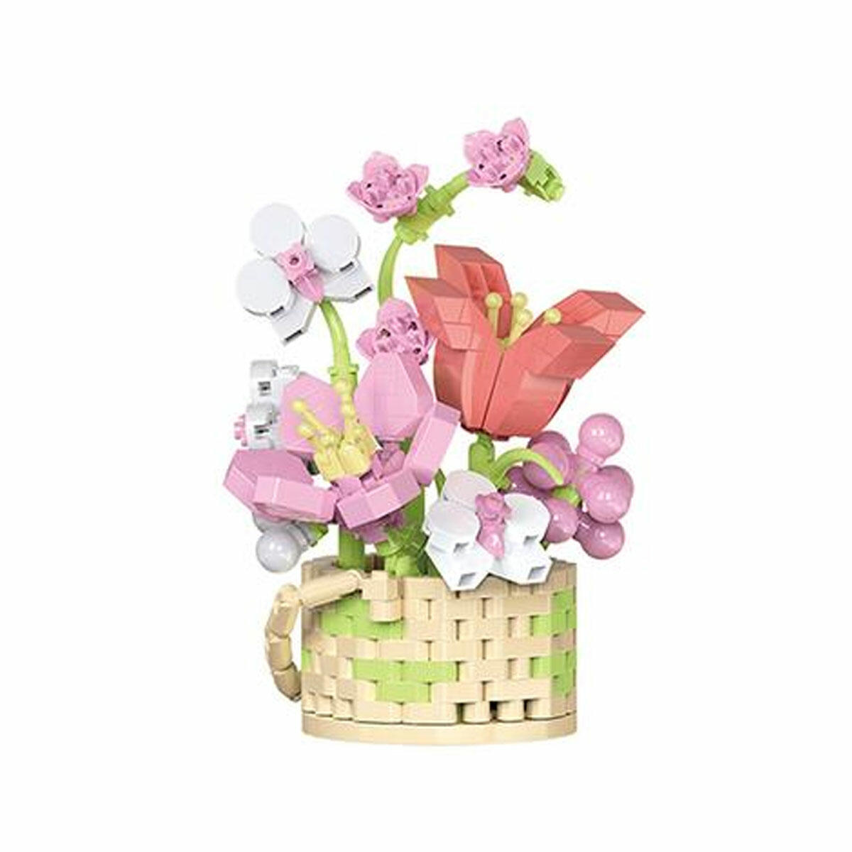 Pembe Çiçekler Saksıda 344 Parça Blok Seti | Dekoratif Çiçek Yapım Bloğu | Masaüstü Hobi ve Estetik Ev Aksesuarı Seti