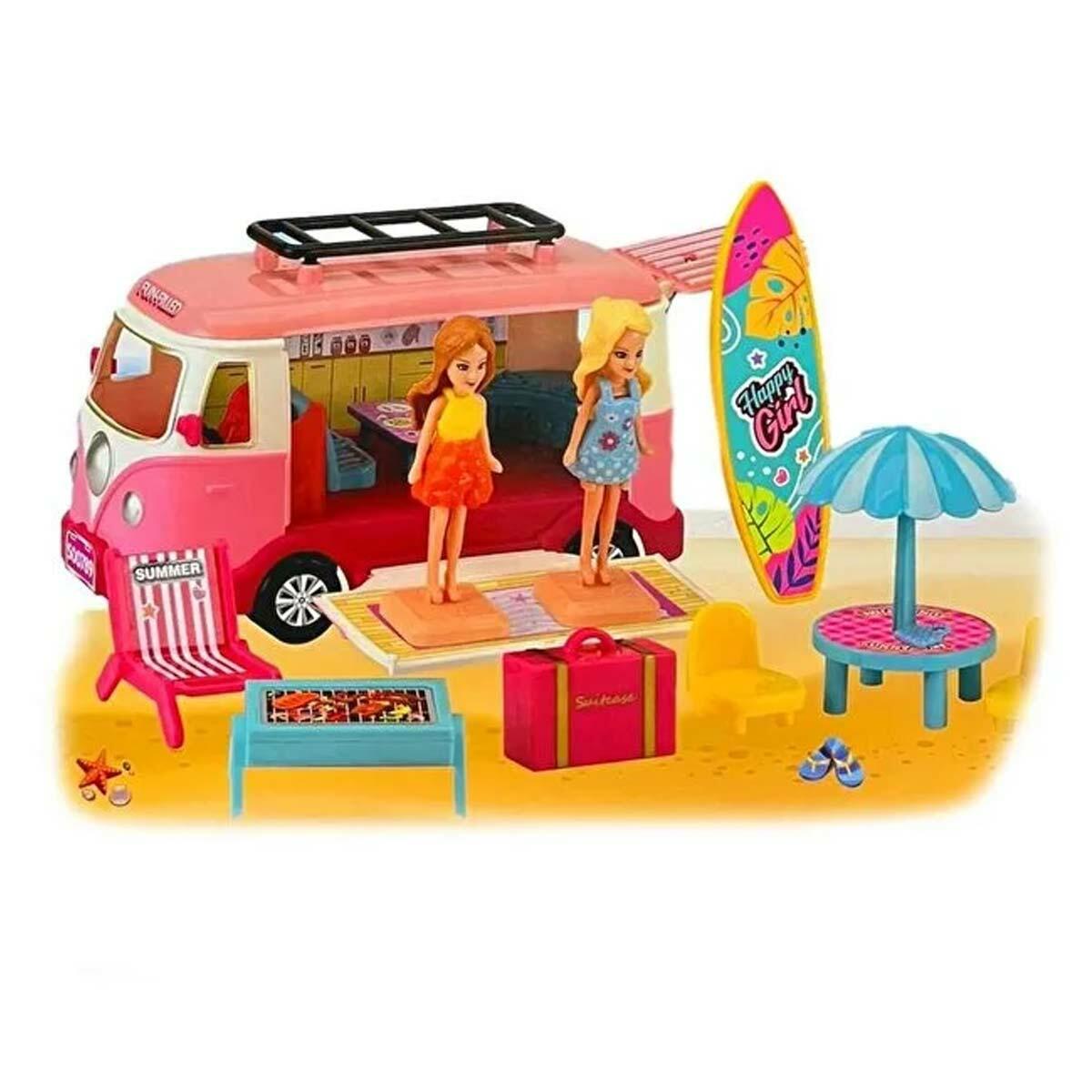 Pencereli Karavanlı Tatil Seti | 2 Figürlü Ve Aksesuarlı Gezi Aracı | Taşınabilir Karavan Oyun Seti