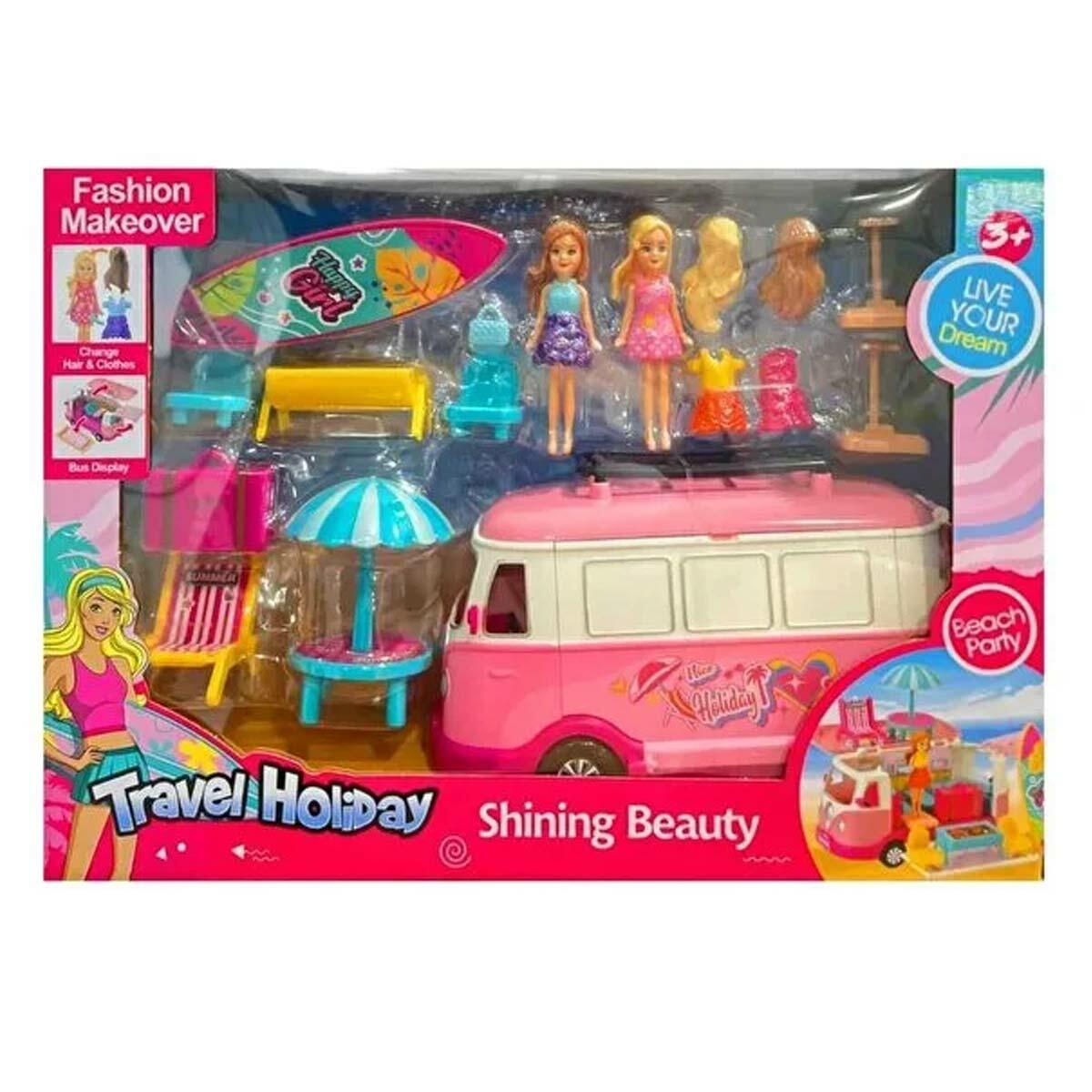 Pencereli Karavanlı Tatil Seti | 2 Figürlü Ve Aksesuarlı Gezi Aracı | Taşınabilir Karavan Oyun Seti