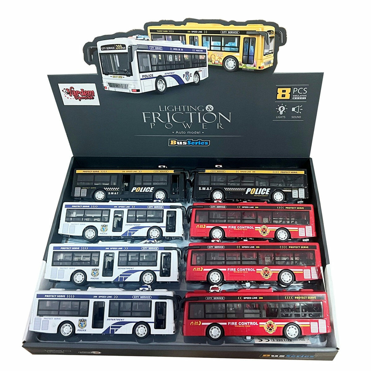 Sürtmeli Işıklı ve Sesli Polis ve İtfaiye Otobüsü 20 cm | Açılır Kapılı Şehir Görev Araçları | Sirenli Sesli Oyuncak Otobüs