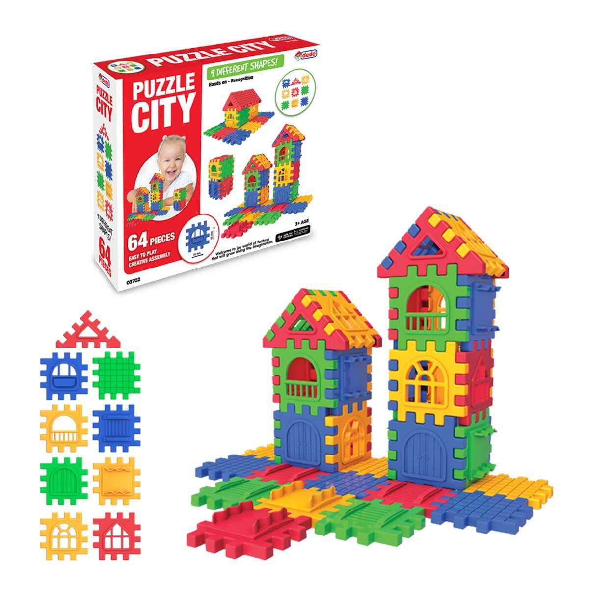 Puzzle City 64 Parça | Eğitici Şehir Kurma Ve Yapım Seti | Blok Oyuncak Ev İnşa Seti