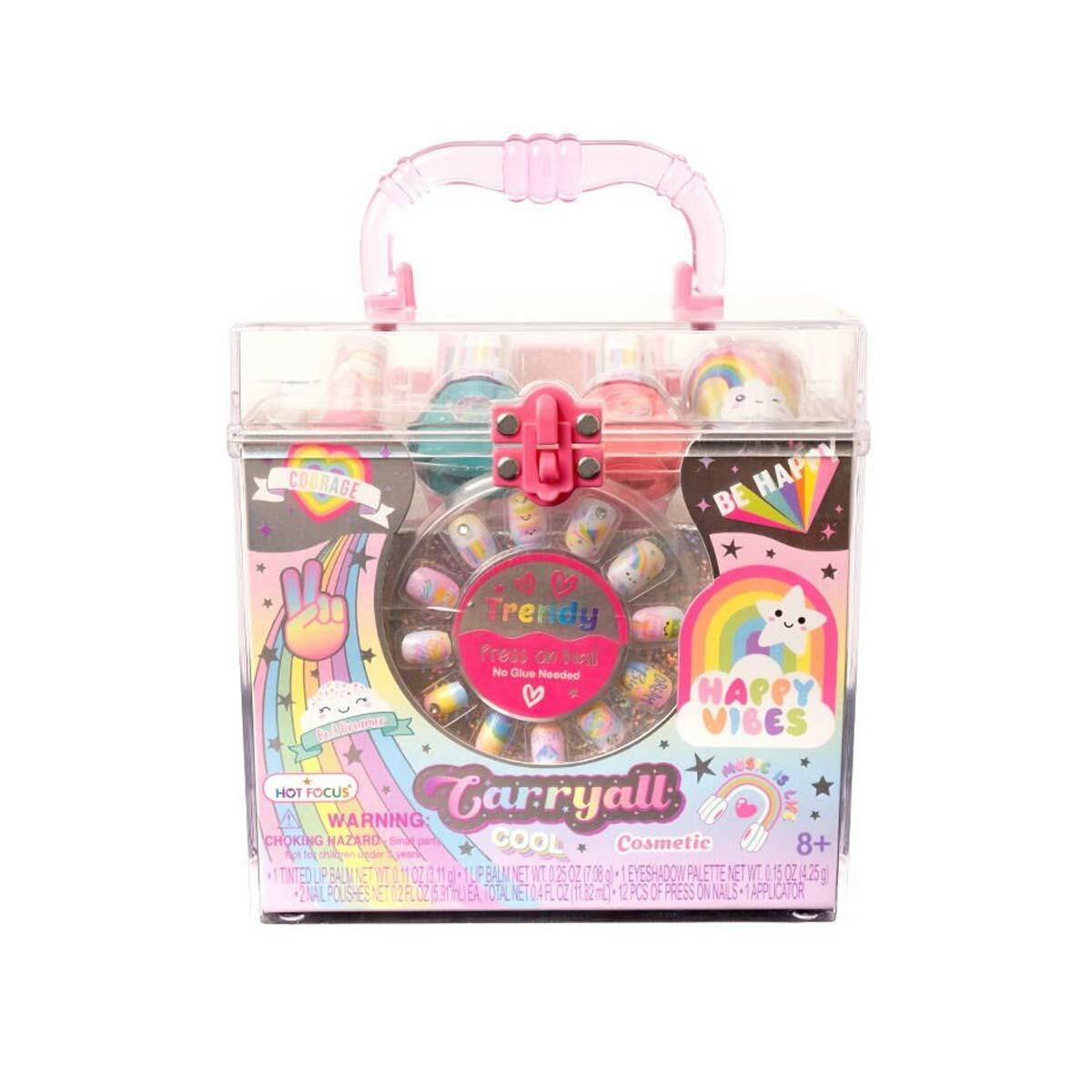 Rainbow Taşınabilir Makyaj Çantası | Akrilik Kutulu Oje, Takma Tırnak Ve Dudak Balmı Seti | Çocuklar İçin Güvenli Güzellik Kiti