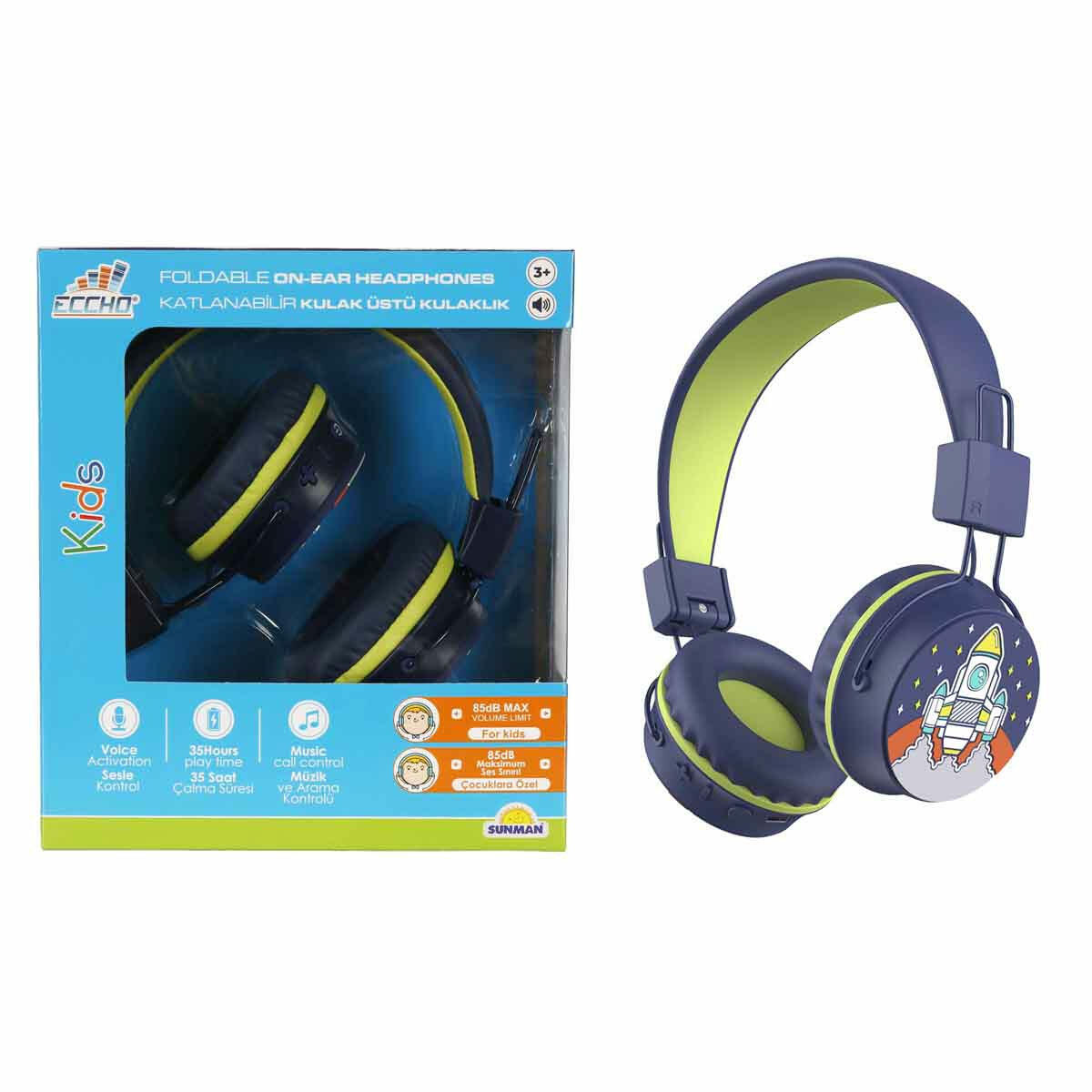 Roket Desenli Bluetooth Kulak Üstü Kablosuz Kulaklık | 35 Saat Pil Ömürlü Çocuk Kulaklığı | Siri Ve Google Destekli Mavi-Yeşil Kulaklık