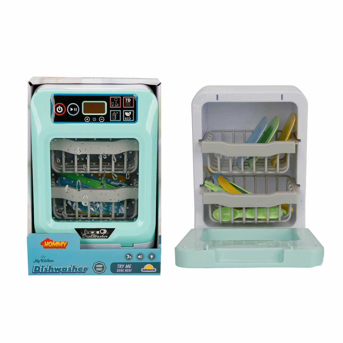 Sesli ve Işıklı Yeşil Bulaşık Makinesi | Hommy İnteraktif Mutfak Oyuncağı | Aksesuarlı Eğitici Evcilik Seti