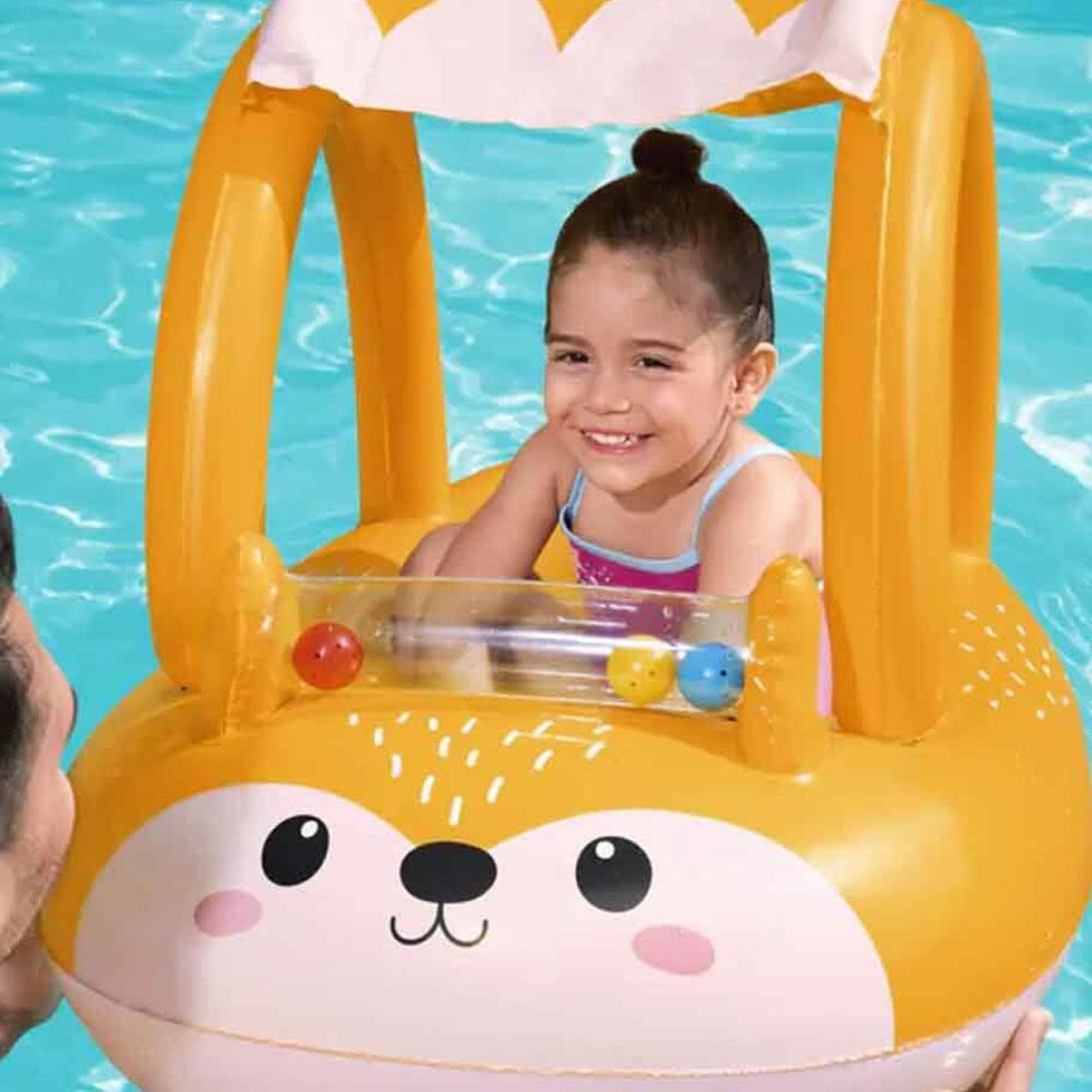 Sevimli Tilki Gölgelikli Şişme Bot | 94 x 66 cm UV Korumalı Bebek Deniz Botu | Güneşlikli ve Dayanıklı Vinil Yüzme Arkadaşı