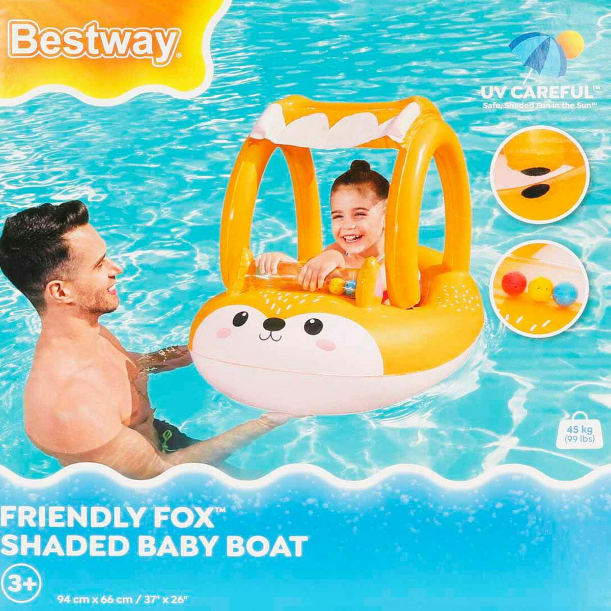 Sevimli Tilki Gölgelikli Şişme Bot | 94 x 66 cm UV Korumalı Bebek Deniz Botu | Güneşlikli ve Dayanıklı Vinil Yüzme Arkadaşı