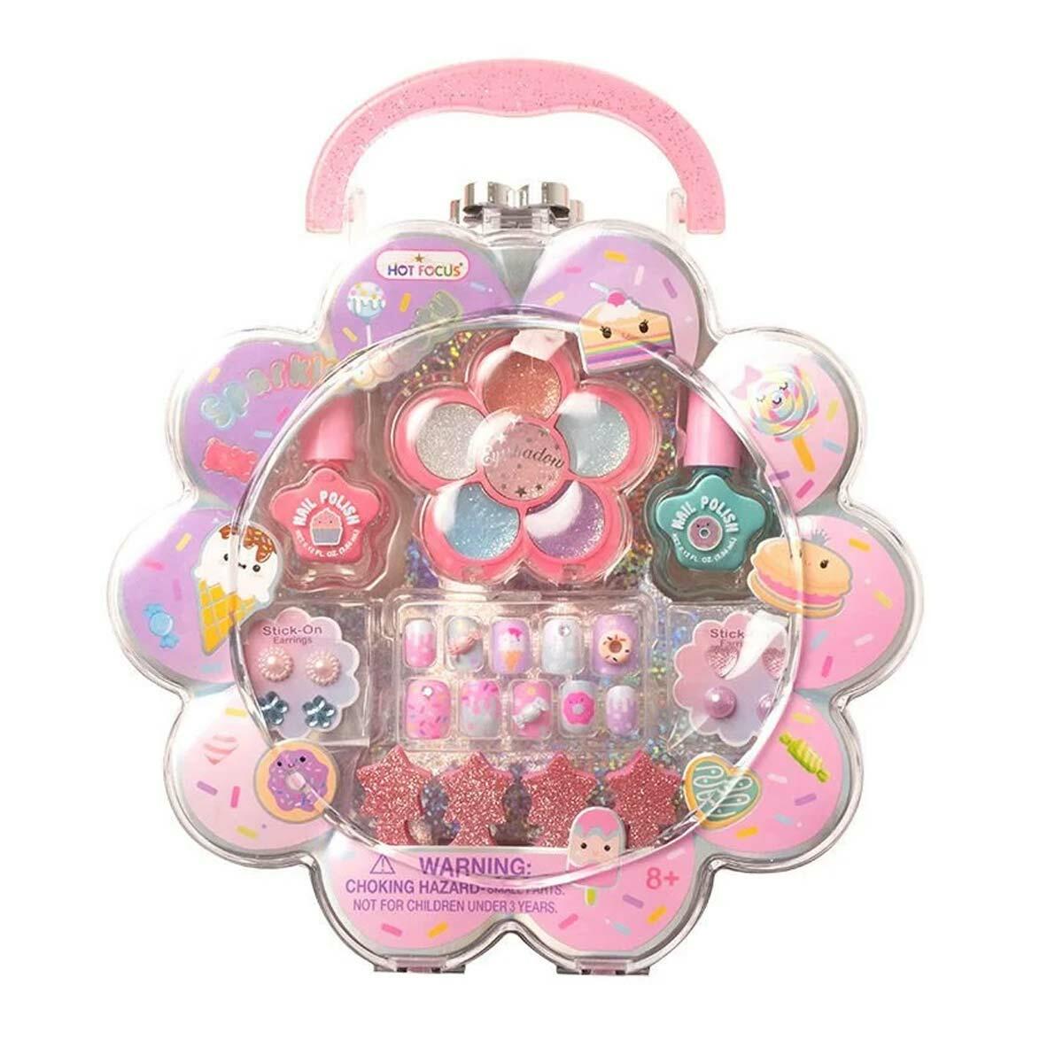 Sparkle Taşınabilir Işıltılı Tırnak Ve Makyaj Seti | Çiçek Şekilli Akrilik Kutulu Güzellik Seti | 8 Yaş Üzeri Aksesuarlı Makyaj Kiti