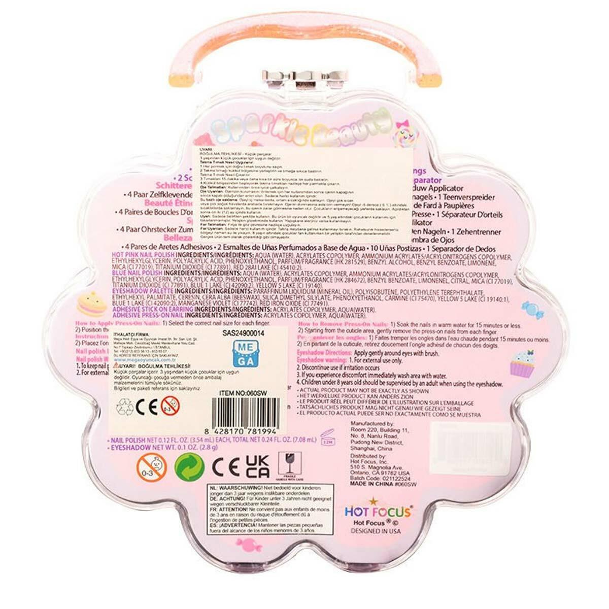 Sparkle Taşınabilir Işıltılı Tırnak Ve Makyaj Seti | Çiçek Şekilli Akrilik Kutulu Güzellik Seti | 8 Yaş Üzeri Aksesuarlı Makyaj Kiti