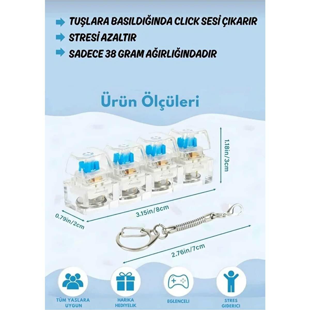 Stres Giderici Işıklı Klavye Anahtarlık | 4'lü Mekanik Mavi Switch Fidget | LED Işıklı Tuş Tıklatıcı
