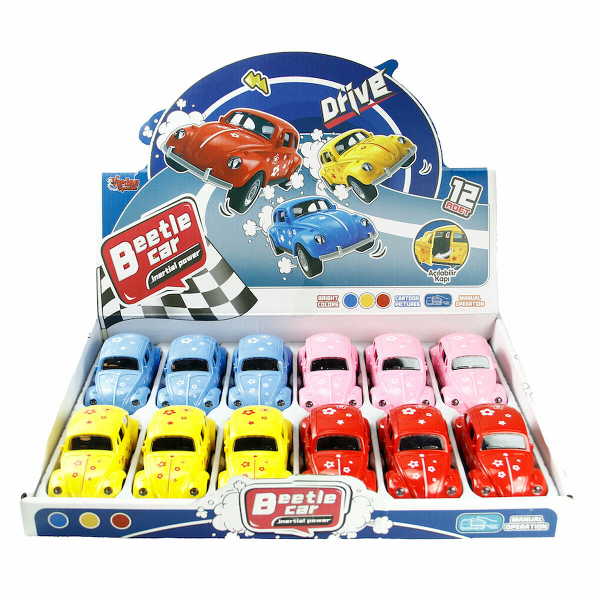 Sürtmeli Desenli Vosvos Kaplumbağa Araba 12 cm | Açılabilir Kapılı Model Araba | Sürtmeli Mekanizmalı Nostaljik Kaplumbağa Araç