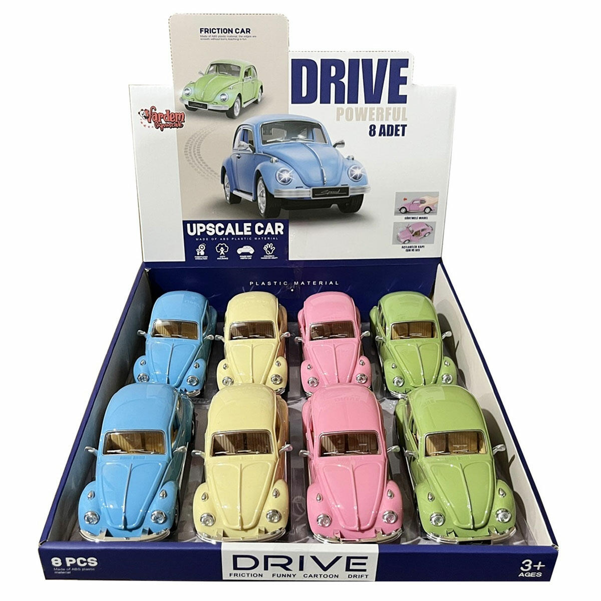 Vardem Işıklı ve Sesli Sürtmeli Kaplumbağa Araba | 13 cm Soft Renkli Klasik Model | Açılabilir Kapılı Oyuncak Araba