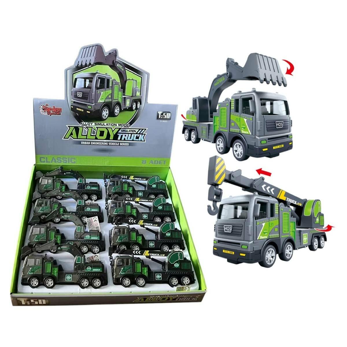 Sürtmeli Metal 1:50 Füme Vinç ve Ekskavatör | Koleksiyonluk İş Makineleri | 17 CM Metal Gövdeli Şantiye Serisi