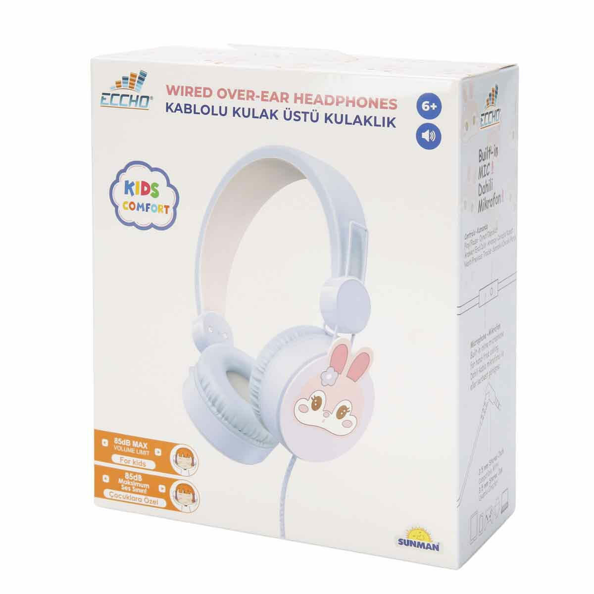 Tavşan Desenli Mikrofonlu Kulak Üstü Kulaklık | Lila Renkli Çocuk Kulaklığı | 85 dB Güvenli Ses Sınırlı Mikrofonlu Set