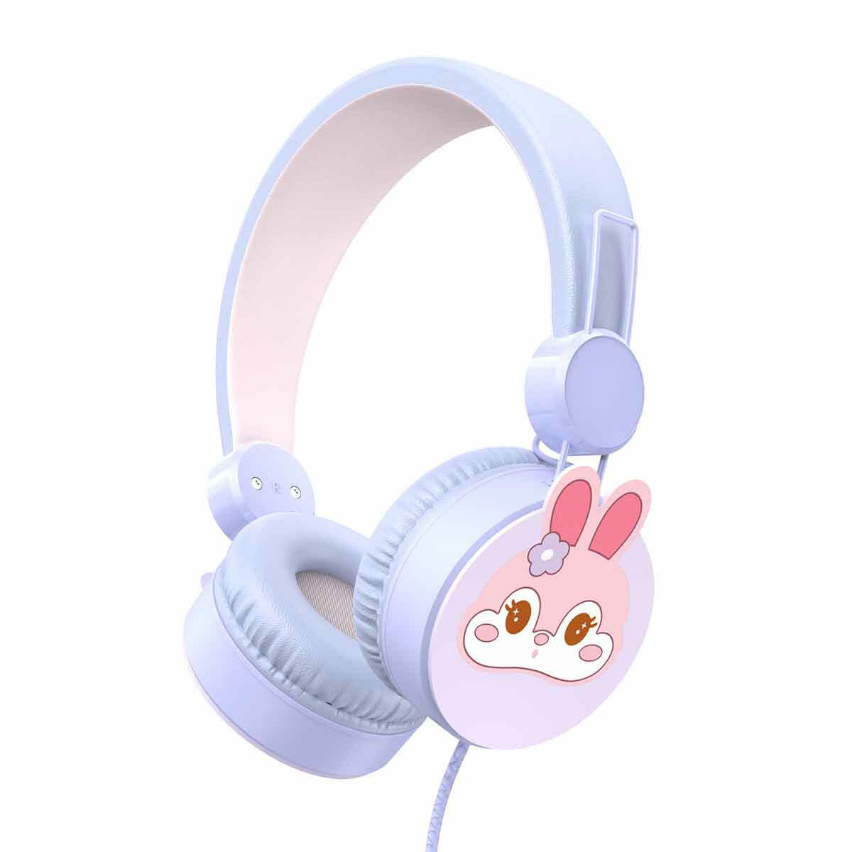 Tavşan Desenli Mikrofonlu Kulak Üstü Kulaklık | Lila Renkli Çocuk Kulaklığı | 85 dB Güvenli Ses Sınırlı Mikrofonlu Set