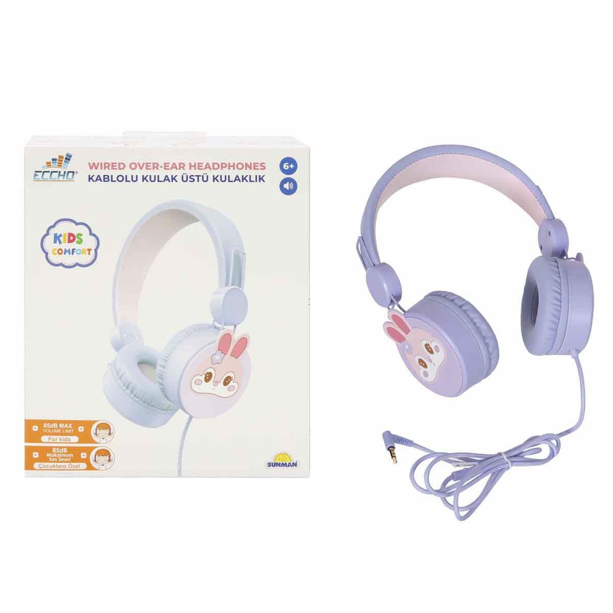Tavşan Desenli Mikrofonlu Kulak Üstü Kulaklık | Lila Renkli Çocuk Kulaklığı | 85 dB Güvenli Ses Sınırlı Mikrofonlu Set