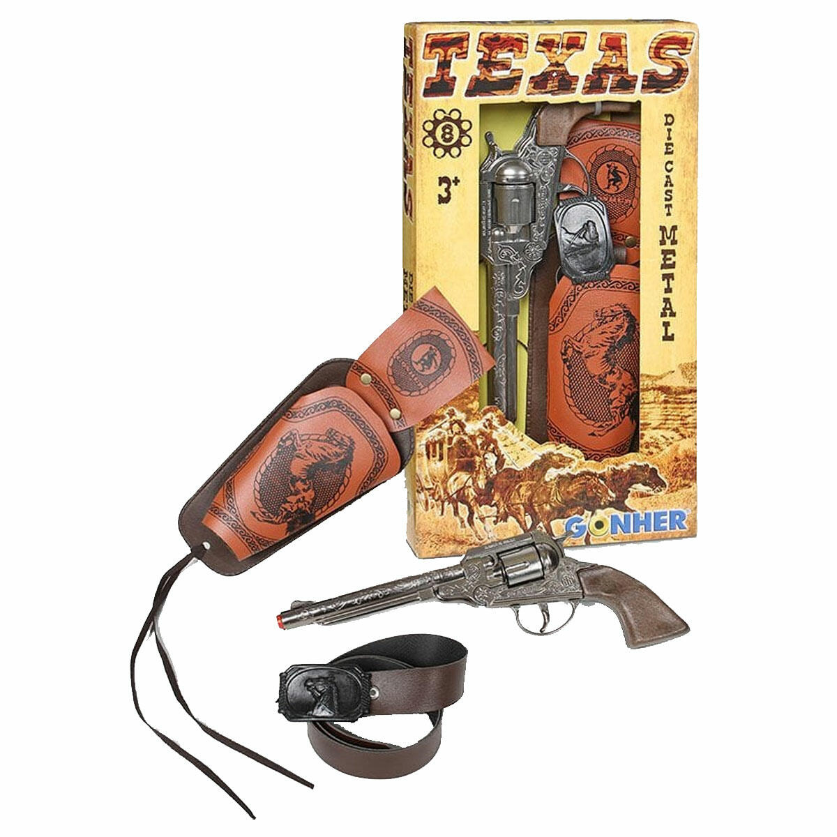 Teksas Revolver 8'li Mantar Tabanca Seti | Gonher Metal Gövdeli Kovboy Tabancası, Kılıf ve Kemerli Koleksiyon Seti