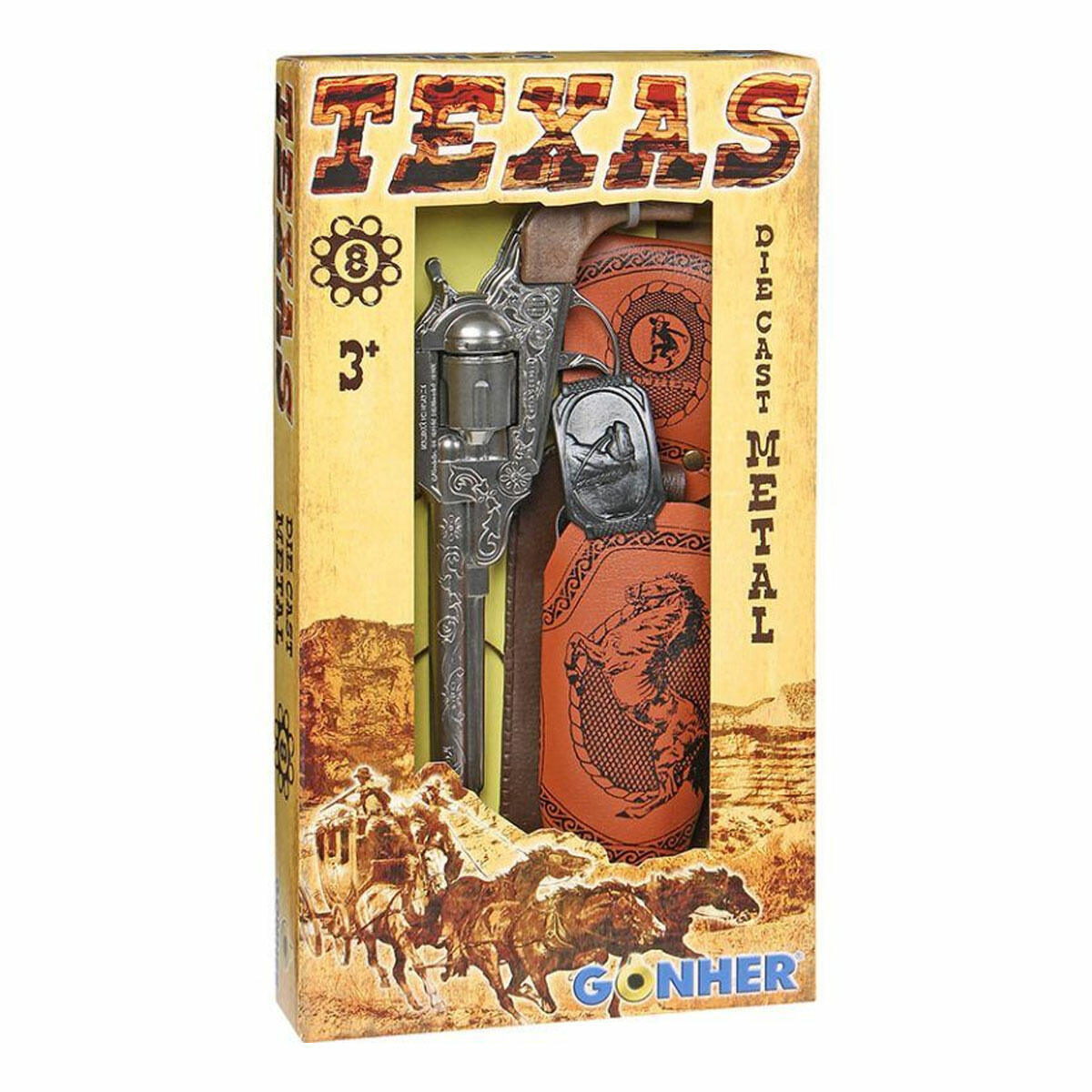 Teksas Revolver 8'li Mantar Tabanca Seti | Gonher Metal Gövdeli Kovboy Tabancası, Kılıf ve Kemerli Koleksiyon Seti