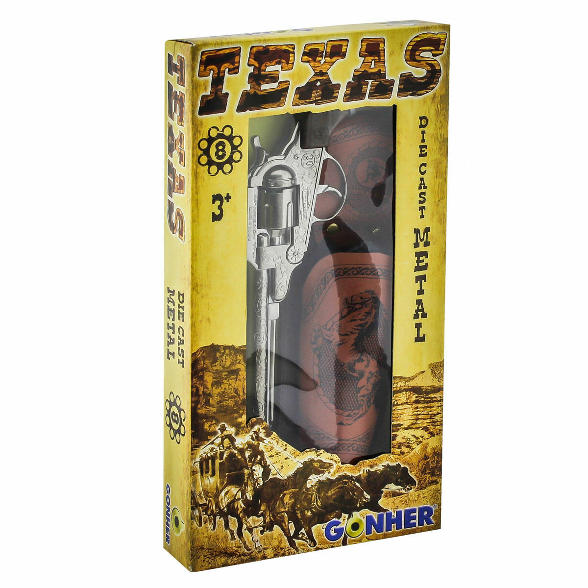 Teksas Revolver 8'li Mantar Tabanca Seti | Gonher Metal Gövdeli Kovboy Tabancası, Kılıf ve Kemerli Koleksiyon Seti