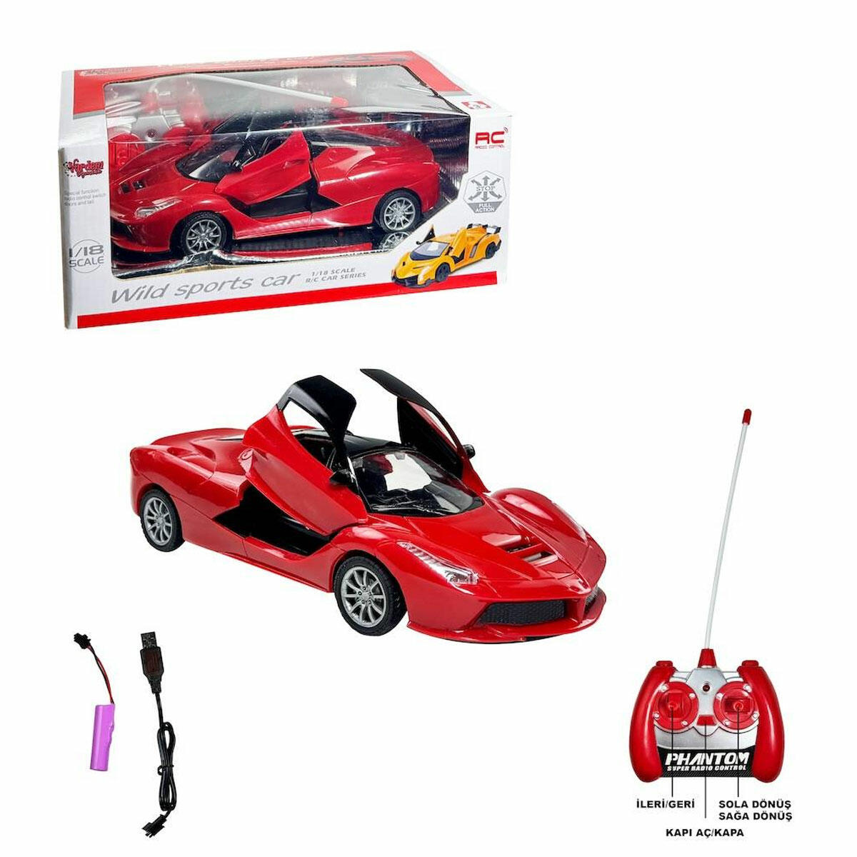Uzaktan Kumandalı 1:18 Kapıları Açılan Şarjlı Araba | Full Fonksiyonlu RC Spor Araba | USB Şarjlı ve Hareketli Kapılı Oyuncak Araba
