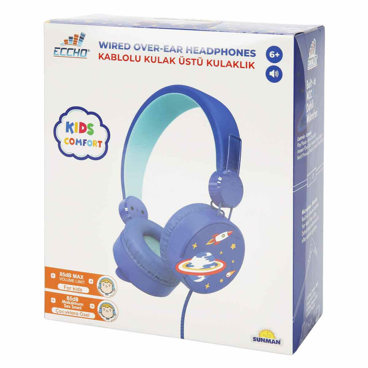 Uzay Desenli Mikrofonlu Kulak Üstü Kulaklık | 85 dB Ses Sınırlı Çocuk Kulaklığı | Mavi Uzay Temalı Kablolu Kulaklık