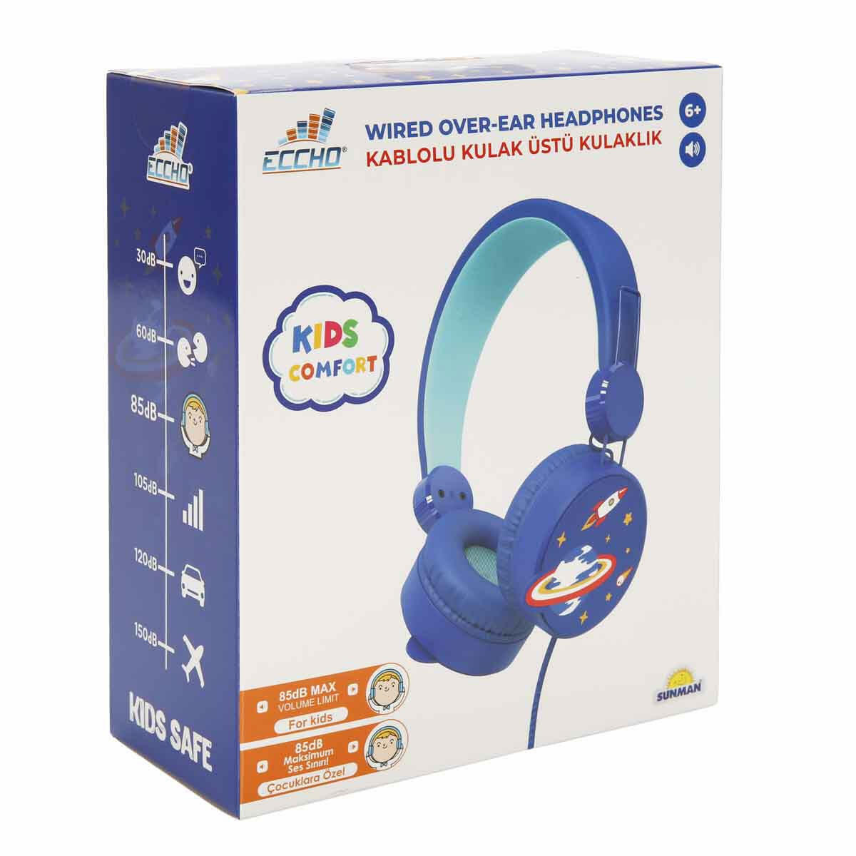 Uzay Desenli Mikrofonlu Kulak Üstü Kulaklık | 85 dB Ses Sınırlı Çocuk Kulaklığı | Mavi Uzay Temalı Kablolu Kulaklık