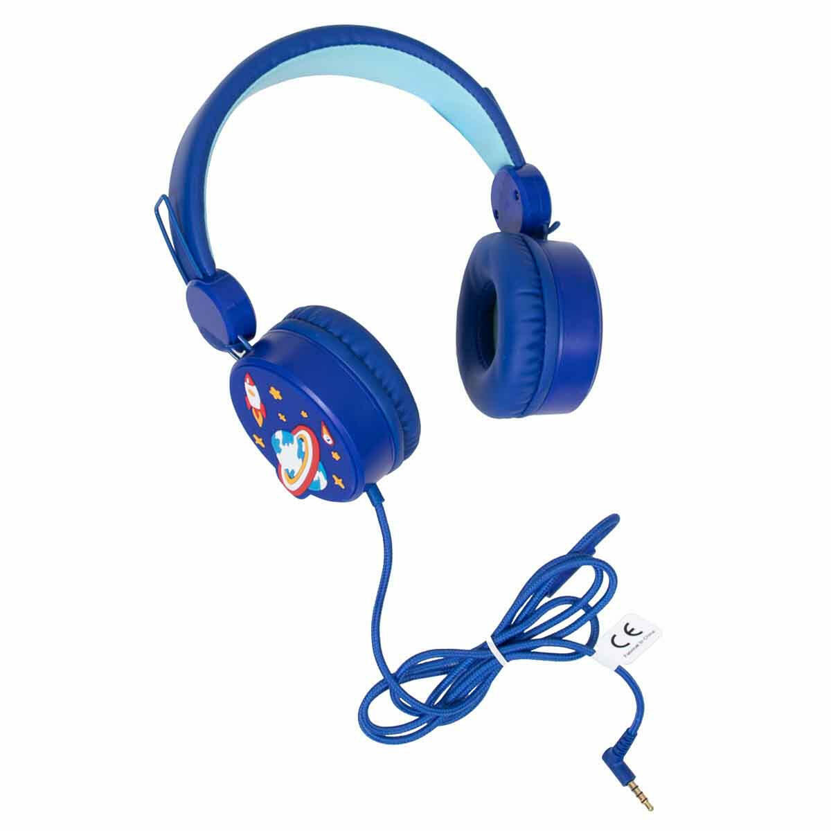 Uzay Desenli Mikrofonlu Kulak Üstü Kulaklık | 85 dB Ses Sınırlı Çocuk Kulaklığı | Mavi Uzay Temalı Kablolu Kulaklık