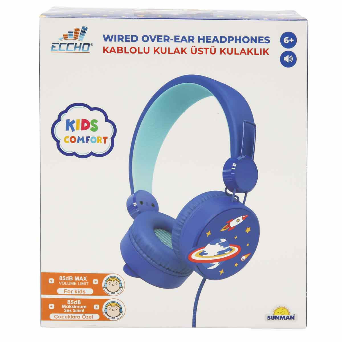 Uzay Desenli Mikrofonlu Kulak Üstü Kulaklık | 85 dB Ses Sınırlı Çocuk Kulaklığı | Mavi Uzay Temalı Kablolu Kulaklık