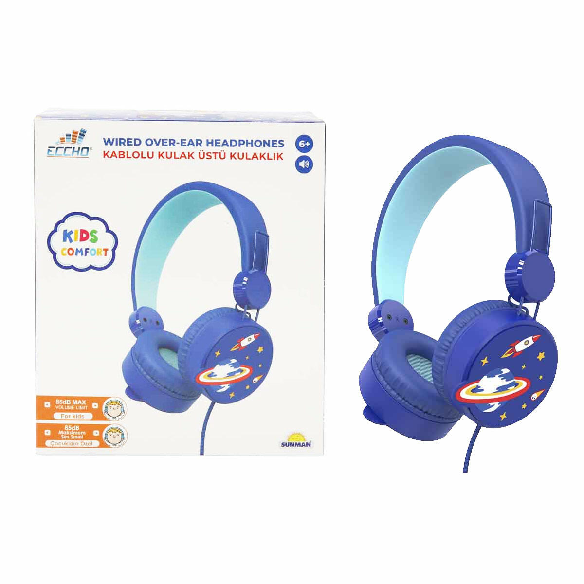 Uzay Desenli Mikrofonlu Kulak Üstü Kulaklık | 85 dB Ses Sınırlı Çocuk Kulaklığı | Mavi Uzay Temalı Kablolu Kulaklık