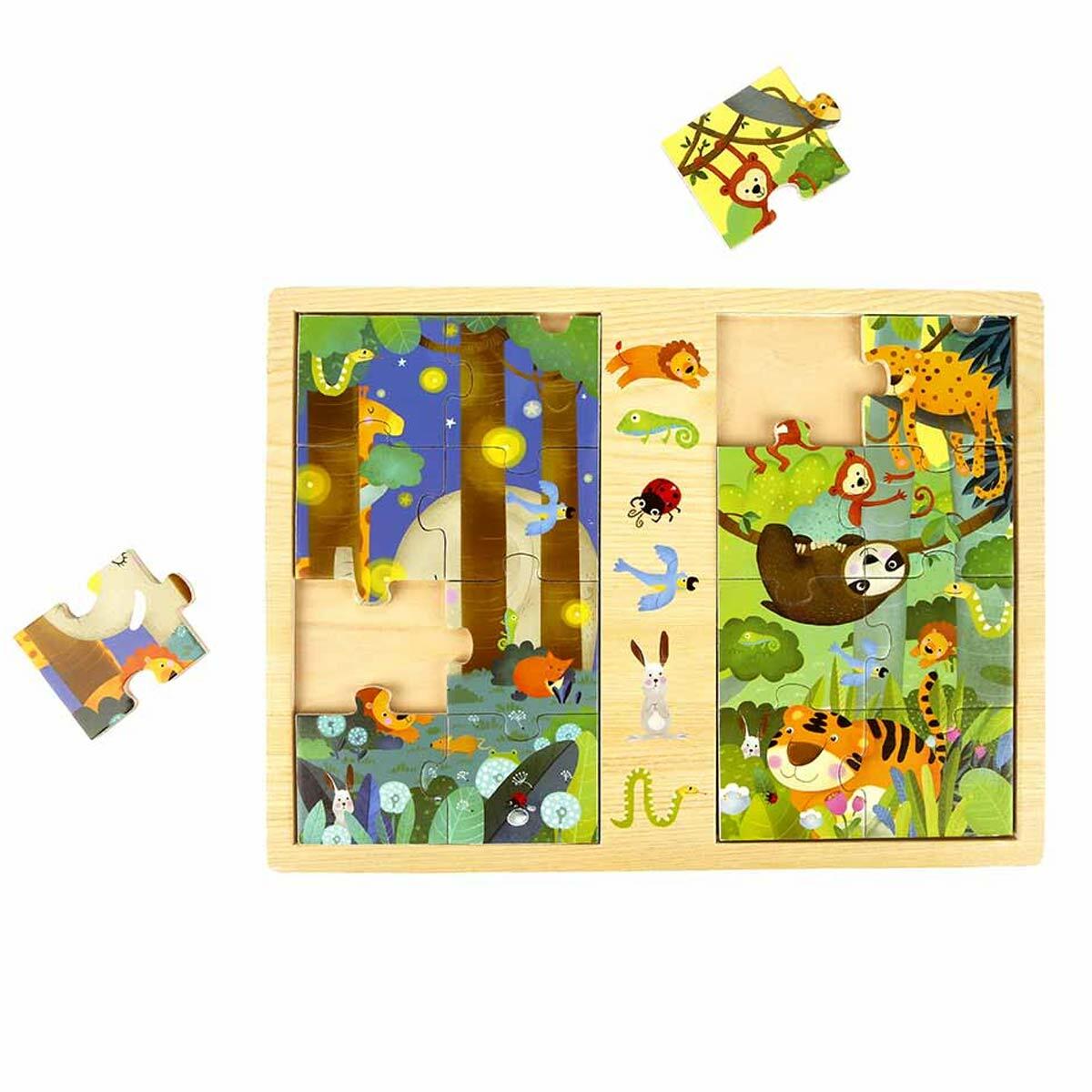 Gece ve Gündüz Vahşi Hayvanlar Ahşap Puzzle | 16 Parça Eğitici Yapboz | Woody İkili Ahşap Puzzle Seti