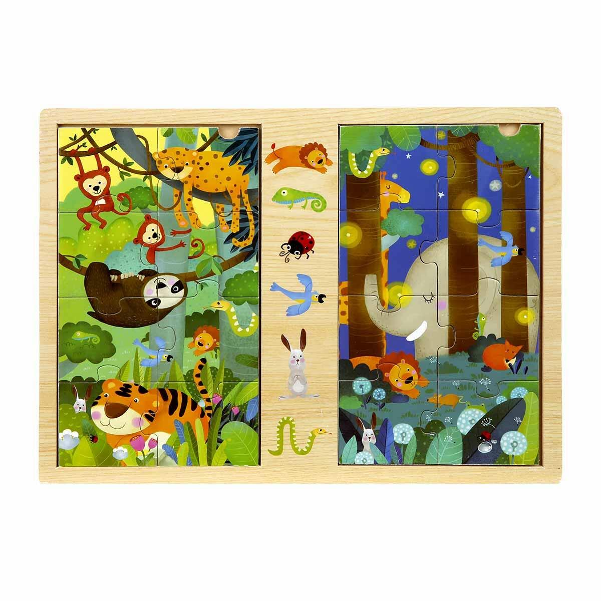 Gece ve Gündüz Vahşi Hayvanlar Ahşap Puzzle | 16 Parça Eğitici Yapboz | Woody İkili Ahşap Puzzle Seti