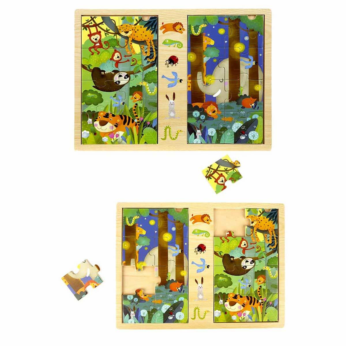 Gece ve Gündüz Vahşi Hayvanlar Ahşap Puzzle | 16 Parça Eğitici Yapboz | Woody İkili Ahşap Puzzle Seti