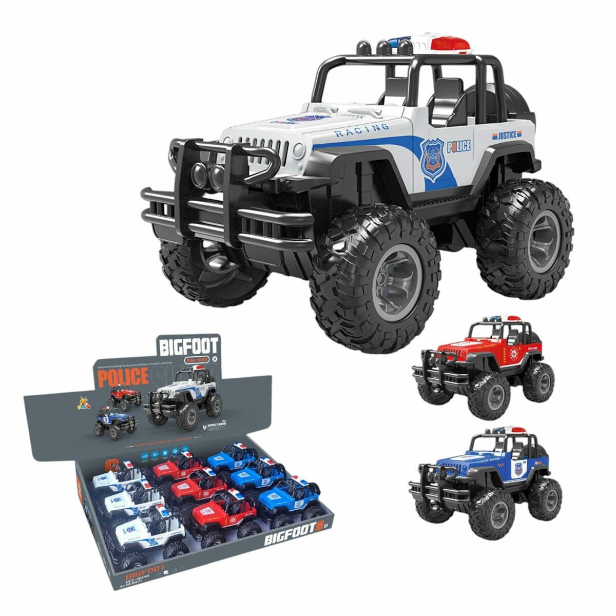 Vardem 1:28 Çek Bırak Üstü Açık Bigfoot Off-Road Polis Jeep | 14 cm Kauçuk Lastikli Dev Tekerlekli Macera Aracı | 3 Renk Seçeneği
