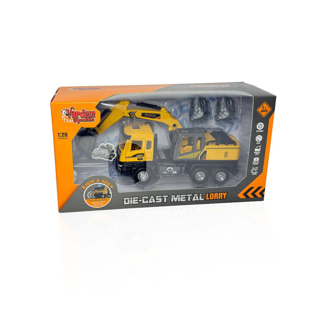 Çek Bırak Işıklı ve Sesli 1:28 Kamyon Ekskavatör - Beton Mikseri