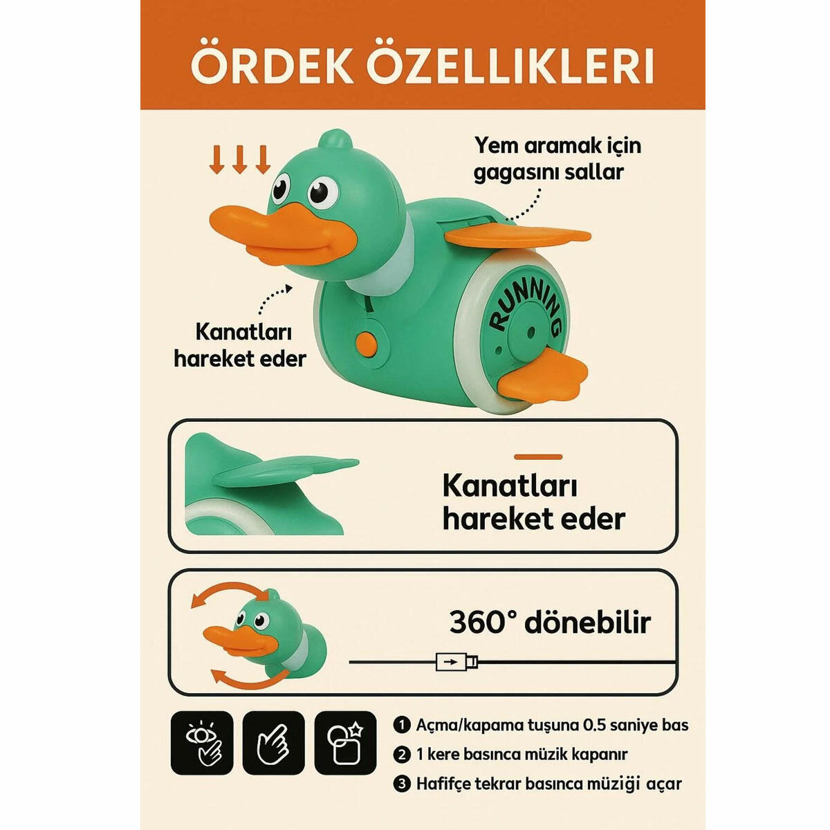 Sesli ve Işıklı Yürüyen Ördek Oyuncak | USB Type-C Şarjlı Foraging Duck | 360° Dönen ve Kanat Çırpan Eğitici İnteraktif Oyuncak