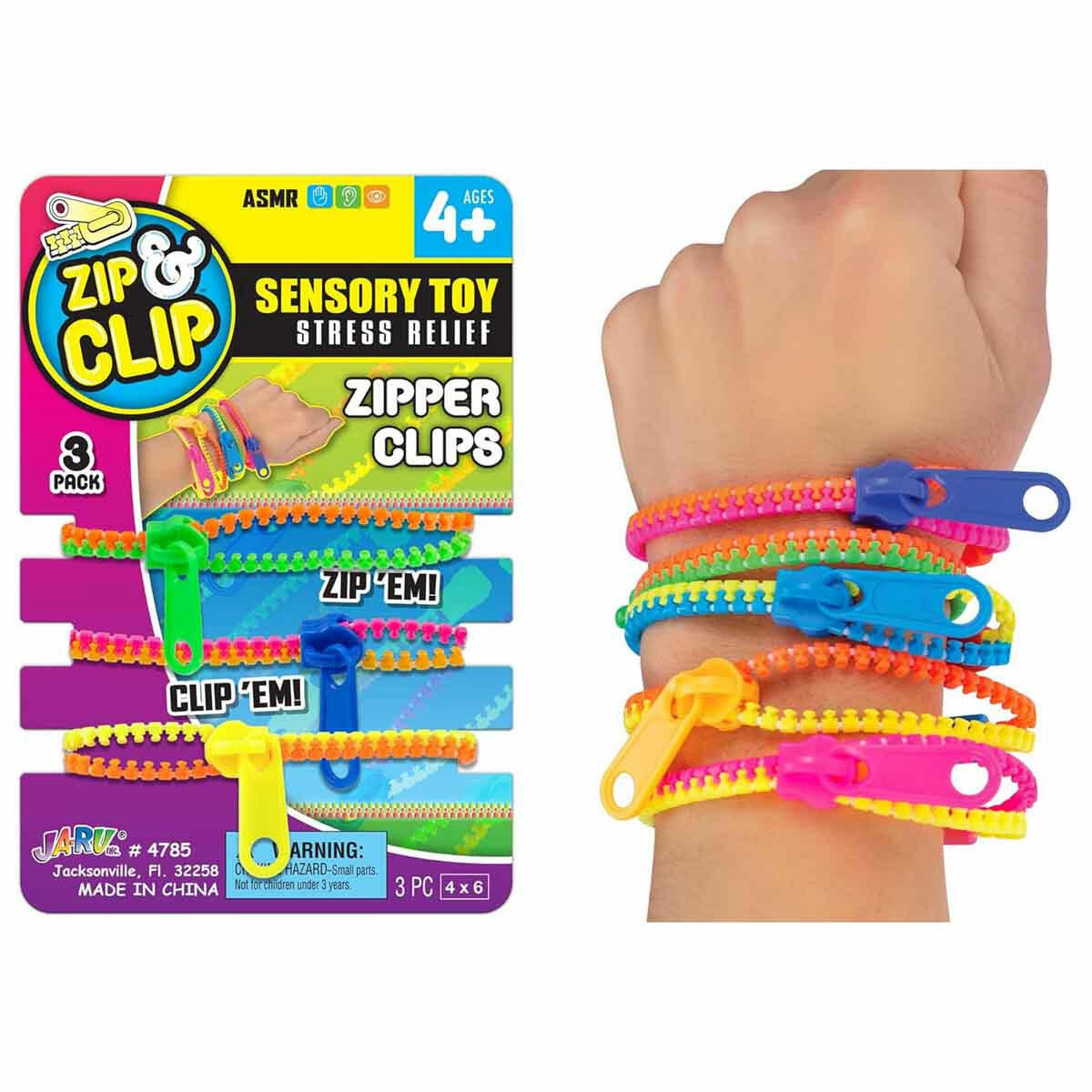 Zip &amp; Clip 3’lü Fermuarlı Bileklik Seti (18 cm) | Duyusal Oyuncak, Stres Giderme ve Çok Amaçlı Renkli Kolye/Bileklik Seti